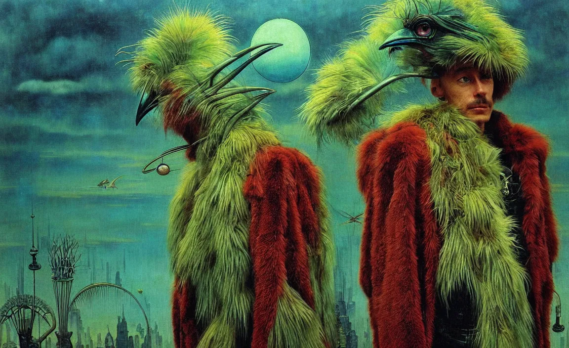 Prompt: realistic detailed portrait movie shot of a birdman wearing green fur coat, sci fi city landscape background by denis villeneuve, amano, yves tanguy, alphonse mucha, ernst haeckel, max ernst, roger dean, masterpiece, rich moody colours, blue eyes, occult