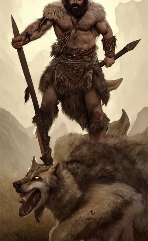 Image similar to full body portrait of a gruff ranger with a spear, wolf pelt on his head, muscular, handsome face, hairy body, D&D, fantasy, intricate, elegant, highly detailed, digital painting, artstation, concept art, matte, sharp focus, illustration, art by Artgerm and Greg Rutkowski and Alphonse Mucha