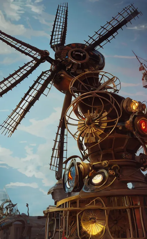 Image similar to a steampunk windmill, robot, ash, electricity lightning, concept art, sharp focus, intricate details, highly detailed, photorealistic, disney pixar, octane render, iridescent, anime, 8 k