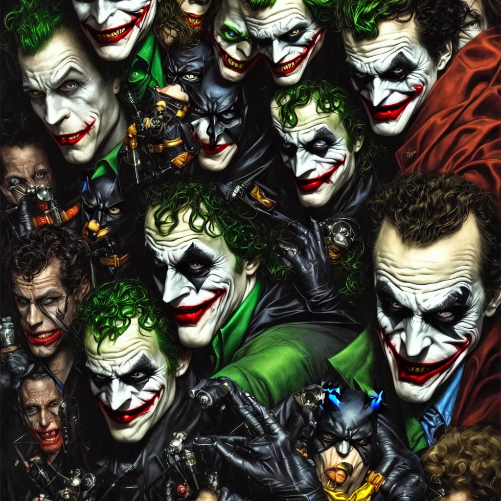 Image similar to a portrait of batman, the joker, robin, the riddler, the scarecrow, twoface, batmobile by karol bak, james jean, tom bagshaw, rococo, sharp focus, trending on artstation, cinematic lighting, hyper realism, octane render, 8 k, hyper detailed, vivid, ultra detailed, highly detailed