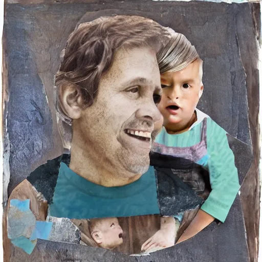 Prompt: mixed media collage of a father with child.