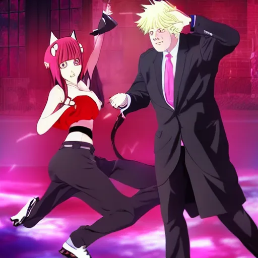 Prompt: cell shaded anime key visual of boris johnson as a catgirl dancing with a catgirl, dramatic lighting