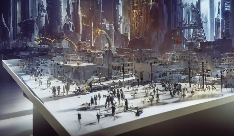 Image similar to crowd of people in simple white museum, looking at hologram of dense futuristic city on a table, cinematic concept art, godrays, golden hour, natural sunlight, 4 k, clear details, tabletop model buildings, center model buildings, hologram center, crane shot, crane shot, crane shot, white walls