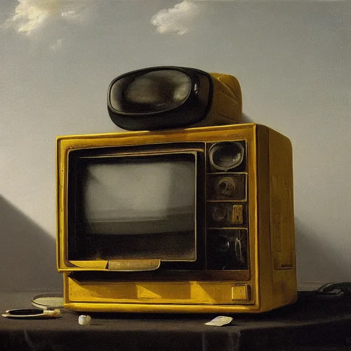 Prompt: still life painting of an old crt monitor running windows xp by pieter claesz, oil on canvas, strong lighting, highly detailed, hyper realism, golden hour, god rays, hd, 4 k