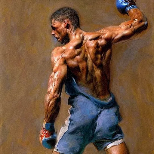 Prompt: painting of a man boxing, by steve huston, musculature, highly dramatic, intricate, sketchy, highly realistic, very detailed, masterfully executed, russian academic painting, dramatic lighting, ferocious, figurative, loose linework, dynamic, incredible sense of movement