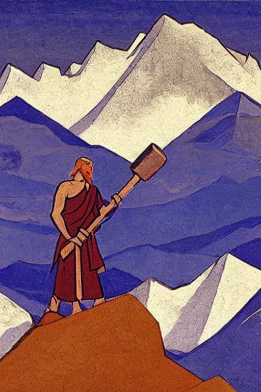 Image similar to thor holding the hammer, stay on mountain, marvel, artwork by nicholas roerich,