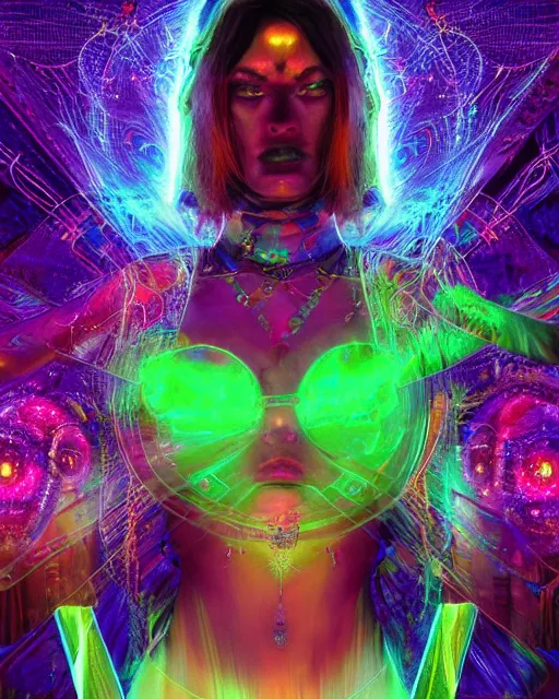 Image similar to a powerful energy psychedelic matrix queen, by alexander fedosav, hyper detailed digital matte painting, concept art, hyperrealism, 1 6 k resolution, cinema 4 d, 8 k resolution, trending on artstation, behance hd, a masterpiece, by stephan martiniere, particles, cel - shaded, power bright neon energy, by david a. hardy,