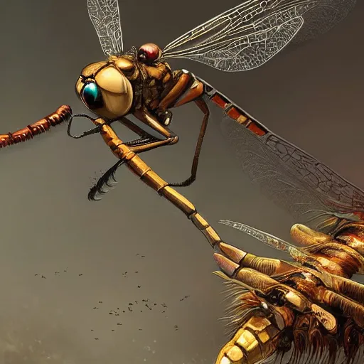Prompt: close up of a mechanical dragonfly, fantasy, intricate, elegant, highly detailed, digital painting, artstation, concept art, smooth, sharp focus, illustration, by wlop and greg rutkowski