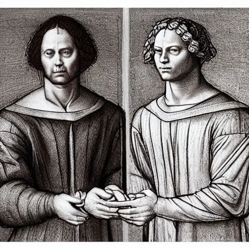 Image similar to realistic academic sketch of two handsome men holding hands in the style of Leonardo Da Vinci