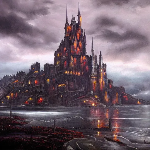 Prompt: stark oil painting medieval fantasy cityscape, foreboding, detailed, castle, stormy skies