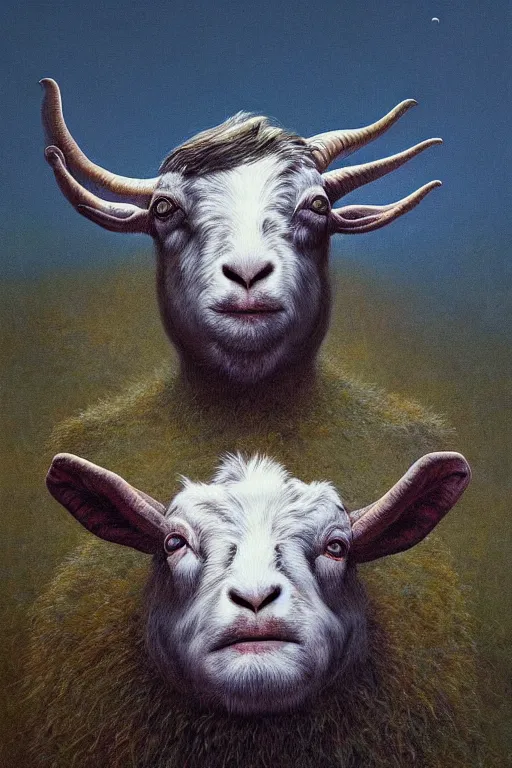 Image similar to painting of hybrid between human andy milonakis and a goat, by zdzislaw beksinski, by tiffany bozic, cold hue's, warm tone gradient background, concept art, beautiful composition, digital painting