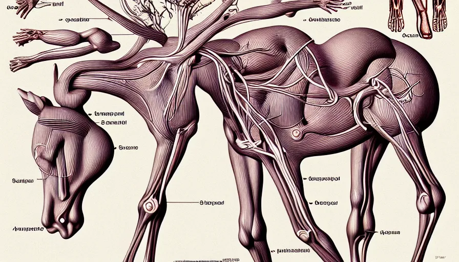 Image similar to psychedelic anatomically accurate labeled medical diagram of centaur, intricate parts, fine details, hyper realistic, elegant minimalism, by seichen, surreal