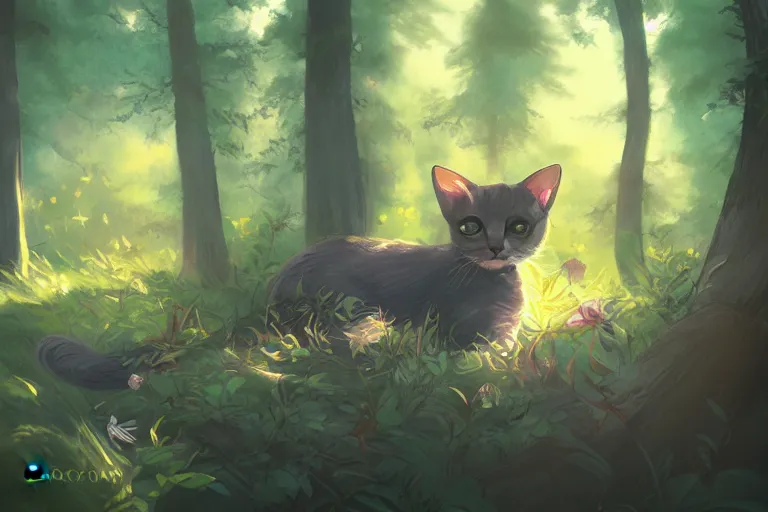 Image similar to cat in the forest, warm backlighting, digital art, trending on artstation, fanart, by kawacy