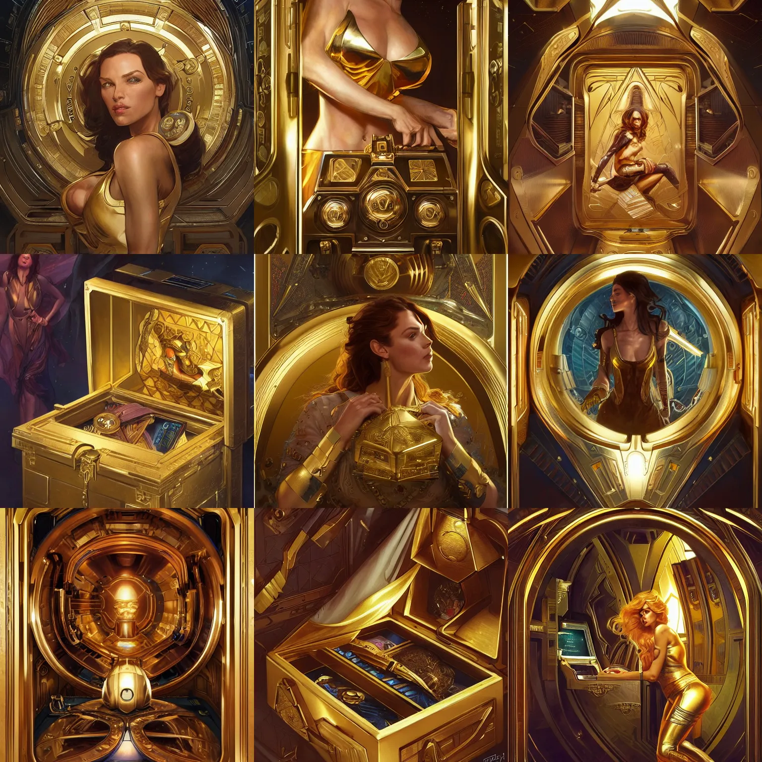 Prompt: a gold vault chest slightly open with hidden luxury goodies, scifi, interior, highly detailed, digital painting, artstation, concept art, fine art illustration, art by artgerm and greg rutkowski and magali villeneuve and alphonse mucha