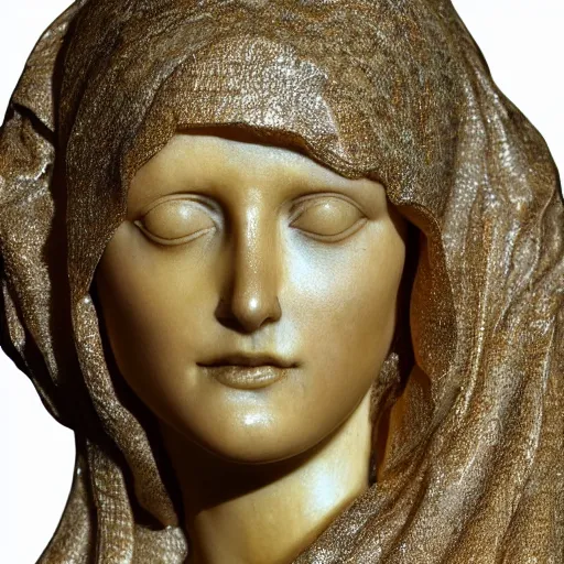 Image similar to a marble sculpture of the veiled virgin, subsurface scattering, !face, !female, covered in intricate !detailed golden streaked !!sheer veil , physically based rendering, photo realistic, top light , dark background
