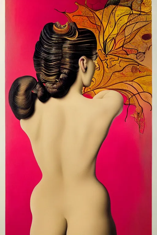 Image similar to beautiful woman by salvador dali, intricated details, 3 / 4 back view, hair styled in a bun, bendover posture, full body portrait, bright design, drips, autumn lights