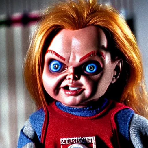 Prompt: Chucky the killer doll from the movie Child's Play looking sinister movie still 8k hdr highly detailed