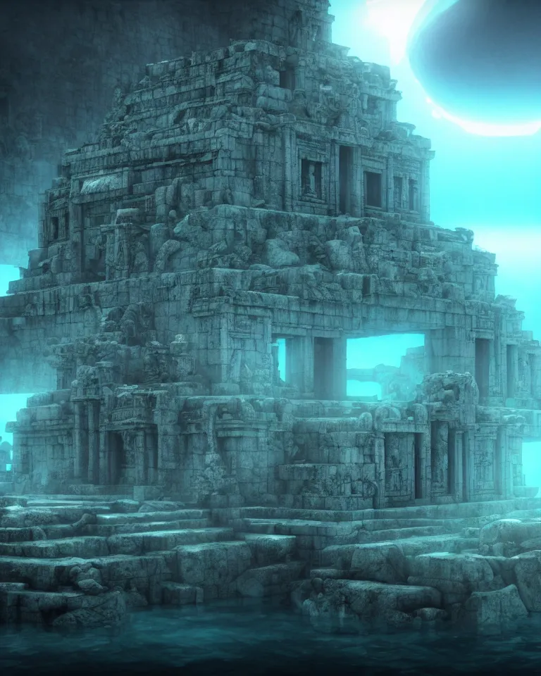 Image similar to ultrawide shot of submerged pre - incan temple, anime style mixed with fujifilm, dark, underwater, symmetrical, bubbles, abyss, dark, murky, foggy, atmospheric, crepuscular rays, artstation, cgsociety, octane render, cgi, unreal engine 5, denoise, detailed, cinematic masterpiece