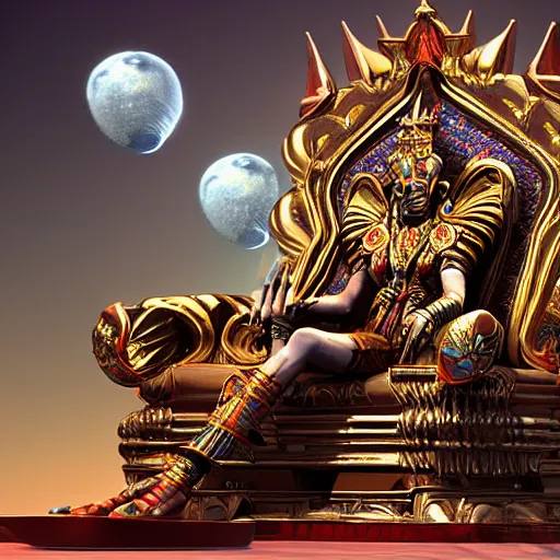 Prompt: the king of an alien race sits on a futuristic looking throne, the appearance of the king was inspired by the looks of god vishnu, the king also wears some beautiful jewlery, unreal engine 5 digital art