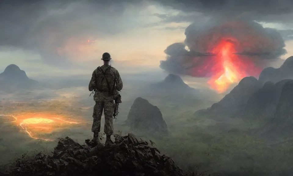 Image similar to Futuristic matte painting of a US soldier in the Vietnam War looking at a nuclear explosion at the distance at a cliff, forest, volumetric light scattering, highly detailed, digital art, Andreas Rocha, Greg Rutkowski, Darek Zabrocki, ArtStation, CGSociety, Unreal Engine, 4K, 8K