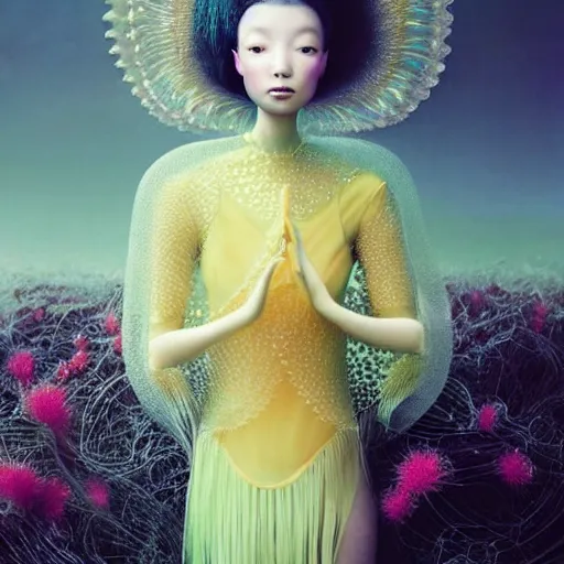 Image similar to asian female wearing luminous jelly fish armor. soft, fragile. by ray caesar. by louise dahl - wolfe. by andrea kowch. by anna claren. surreal photography