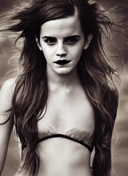 Image similar to Emma Watson for Victorian Secret, perfect face, hot summertime goth, full length shot, XF IQ4, 150MP, 50mm, f/1.4, ISO 200, 1/160s, natural light, Adobe Photoshop, Adobe Lightroom, DxO Photolab, Corel PaintShop Pro, rule of thirds, symmetrical balance, depth layering, polarizing filter, Sense of Depth, AI enhanced