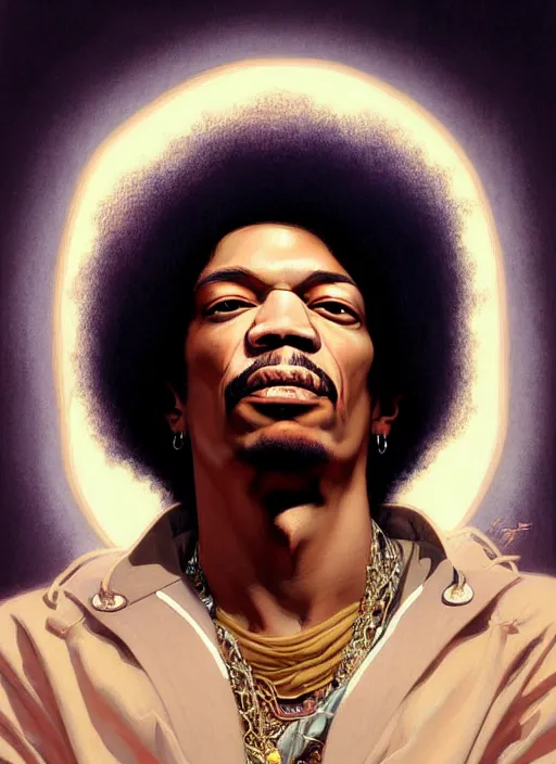 Prompt: portrait of jimmy hendrix, intricate, elegant, highly detailed, digital painting, artstation, concept art, smooth, sharp focus, illustration, art by artgerm, greg rutkowski, alphonse mucha, uang guangjian, gil elvgren, sachin teng, symmetry!!