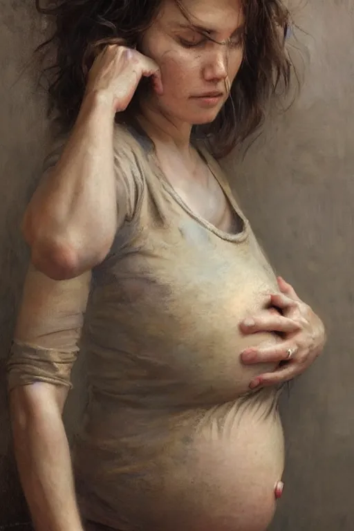Prompt: pregnant woman in t-shirt by Alyssa Monks, Gaston Bussiere, Stanley Artgerm. full-shot, urban dystopia, hyper realism, realistic proportions, dramatic lighting, high detail 4k