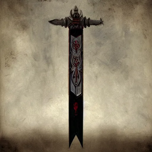 Image similar to an evil sword, on a plain fabric background. diagonal composition, symmetrical ( concept art by enki bilal, museum picture, 4 k, backlit )