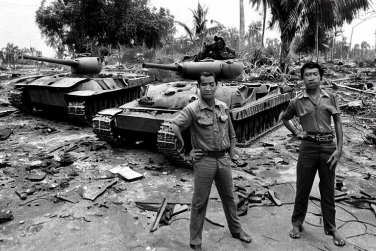 Image similar to a photo of a two mans posing in front of tank in destroyed vietnamese city, us journalism ministry photo, 1 9 6 9, fim still