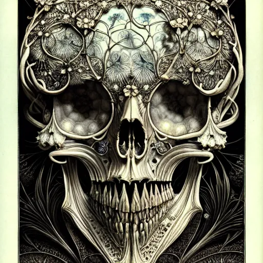 Image similar to art forms of nature by ernst haeckel, memento mori by arthur rackham, ornate antique porcelain beautiful skull mask, ultrasharp, photorealistic, hyperdetailed, octane render, polished, art nouveau, neo - gothic, gothic, intricate ornamental organic filigree, art nouveau botanicals, art forms of nature by ernst haeckel, horizontal symmetry, symbolist, visionary