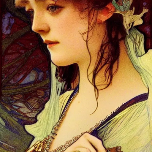 Prompt: dakota fanning portrait by louis - theophile hingre and alphonse mucha, realistic, sharp focus, zodiac signs, tarot cards, planets, ethereal, art nouveau, magic, moon, sun, crown, dreamy, royal, jewellery