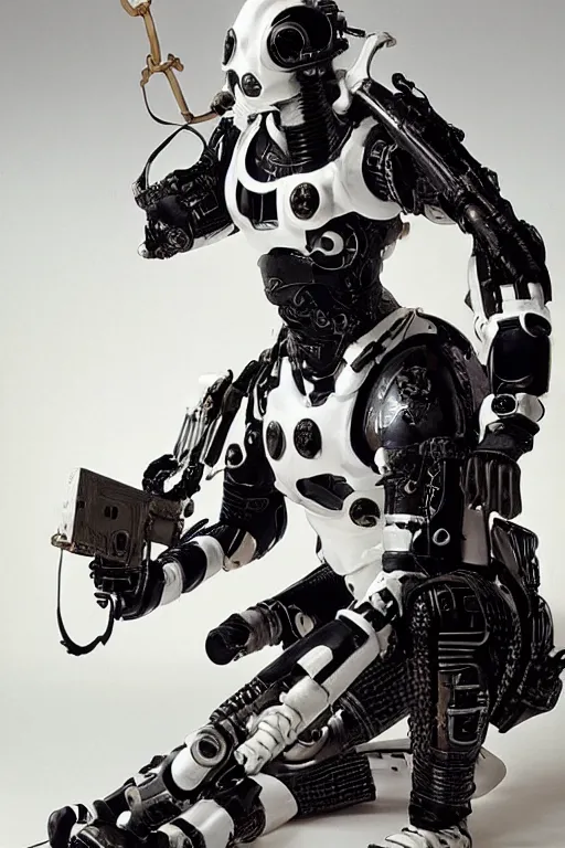 Image similar to cyborg with white and black ancestral ornate japanese tactical gear, long shot, by irving penn and storm thorgerson, madhouse studios, ren heng, peter elson, alvar aalto, makoto shinkai