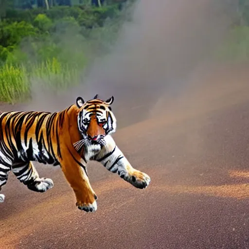 Prompt: A tiger running away from an erupting volcano