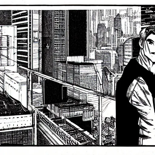 Image similar to cyberpunk hacker pen and ink illustration by tatsuki fujimoto manga panel