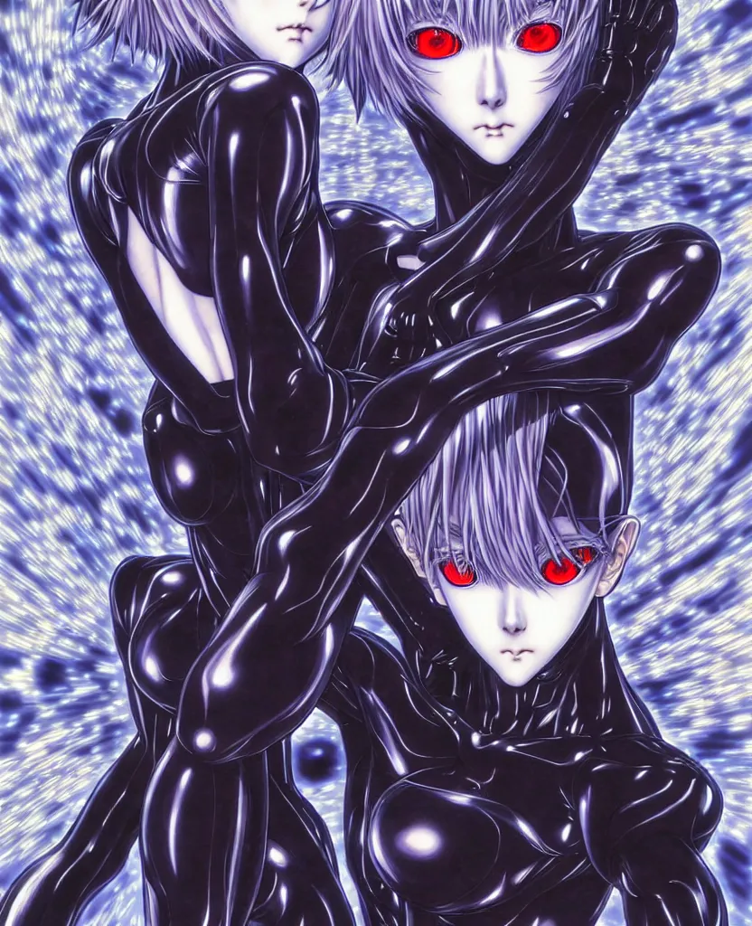 Image similar to symmetrical. realistic detailed image of anime portrait, realistic detailed male character, rei ayanami, black plugsuit, depth perception, vivid colors, masterpiece, depth of field, gothic, digital art. art by yoshitaka amano, by yukito kishiro, by yoshiyuki sadamoto, by artgerm, by hajime sorayama