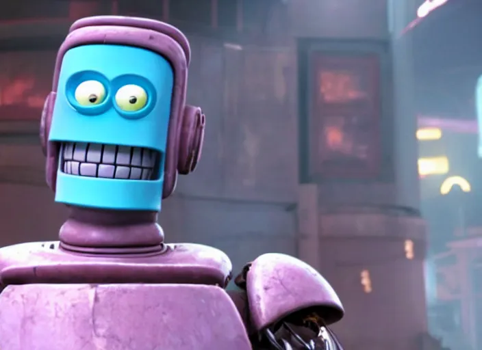 Prompt: film still of bender in the futurama live action movie, 4 k