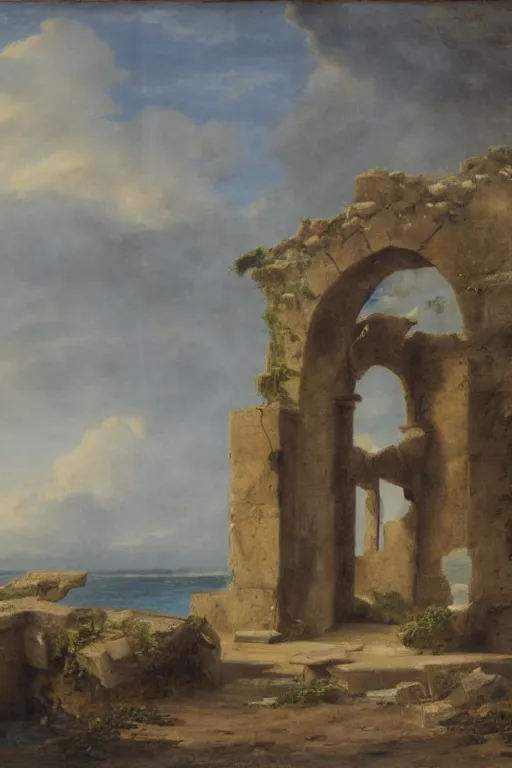 Prompt: ruins by the sea, matte painted by gustav moreau