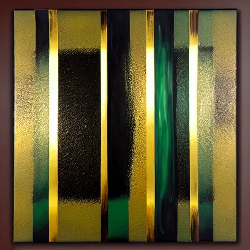 Prompt: a pour painting triptych, gold black green colors, abstract, thick paint, glossy, resin coated