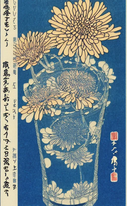 Prompt: by akio watanabe, manga art, a chrysanthemum flower inside a blue sake cup of glass, trading card front