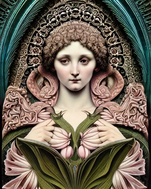 Prompt: hyperrealistic detailed portrait of a beautiful young goddess morphing into a gothic cathedral, authentic ornamental architecture, art by ernst haeckel, john william godward, android jones, h. r. giger, gothic, neo - gothic, heavily ornamental,