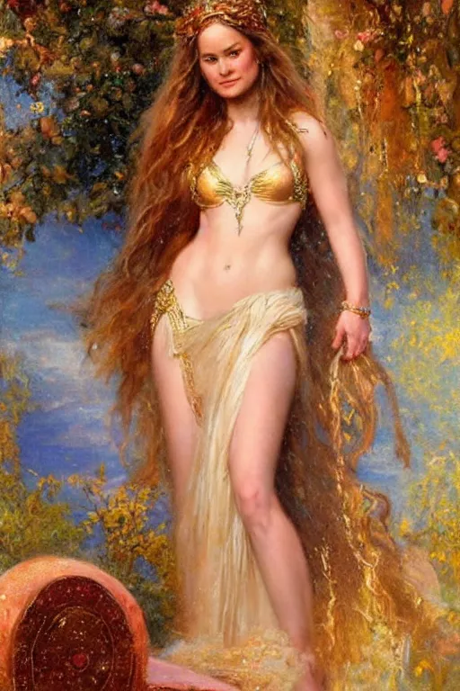 Image similar to portrait of brie larson as the goddess aphrodite. art by gaston bussiere.