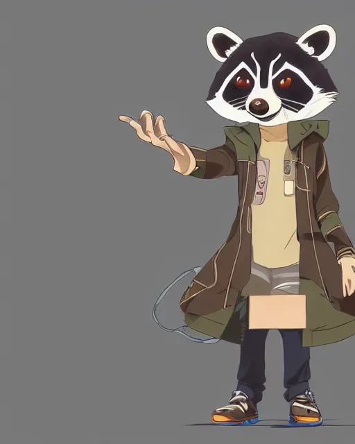 Prompt: key anime visuals of a an anthropomorphic raccoon. highly detailed, intricate, directed by makoto shinkai, anime manga style, trending on art station