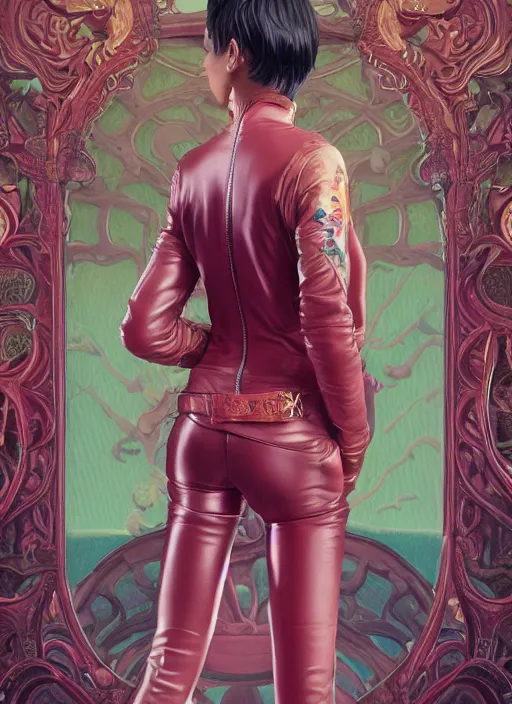 Image similar to skintight leather jacket : : by martine johanna and simon stalenhag and chie yoshii and casey weldon and wlop : : ornate, dynamic, particulate, rich colors, intricate, elegant, highly detailed, centered, artstation, smooth, sharp focus, octane render, 3 d