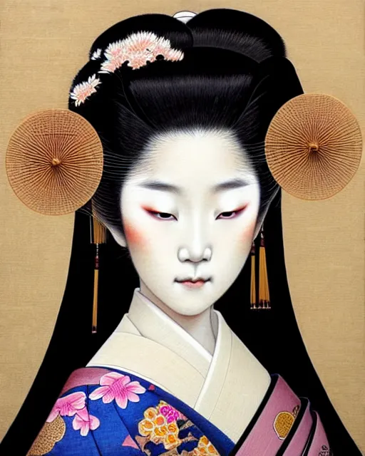 Image similar to portrait of a beautiful japanese geisha, unusual beauty, esoteric, muted colors, head in focus, fantasy art, geisha aesthetics intricate, elegant, highly detailed, hyperrealistic painting, artstation, concept art, painterly, sharp focus, illustration, art by chie yoshii