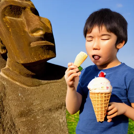 Image similar to a very upset and crying kid holding an ice cream cone but the ice cream is replaced with a small moai statue, 4 k photograph