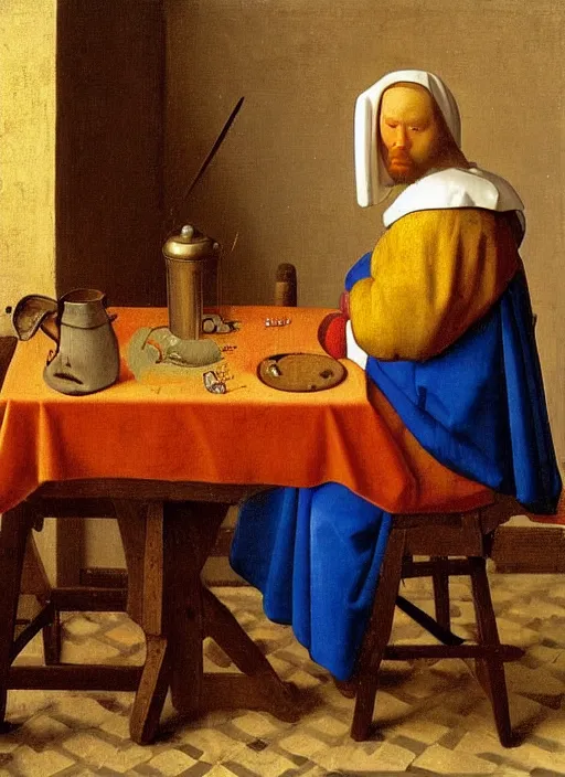 Prompt: Young man sitting at the table with young pretty blonde girl at the crowded inn. Medieval painting by Jan van Eyck, Johannes Vermeer, Florence