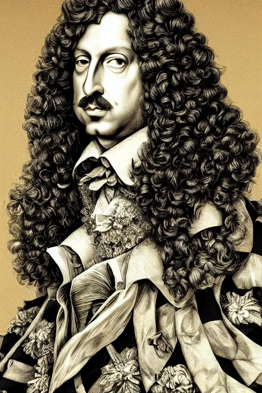 Image similar to portrait of ((((Louis xiv))))in the style of Rob Lefield and Dan Mumford Dan Mumford Dan Mumford , trending on artstation, digital art, surrealism, macro, vaporwave