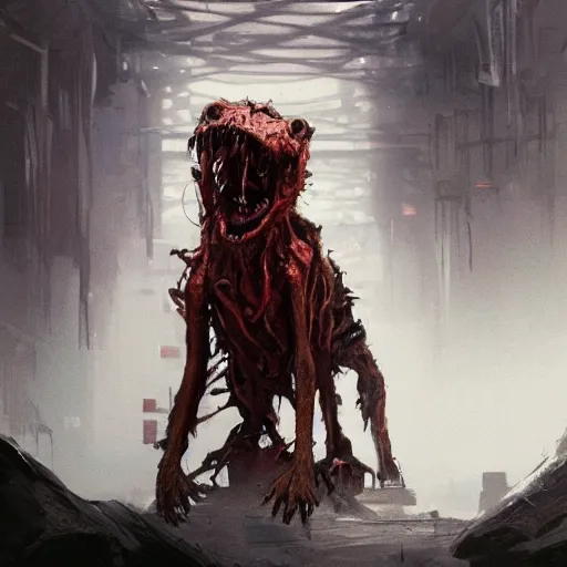 Image similar to concept art by greg rutkowski, dog - shaped monster made of twisted meat and reddish ooze, roaming the colony, looking rabid, in a claustrophobic, futuristic and brutalist environment, frightening and creepy atmosphere, scifi, highly detailed portrait, digital painting, artstation, concept art, smooth, sharp foccus ilustration, artstation hq