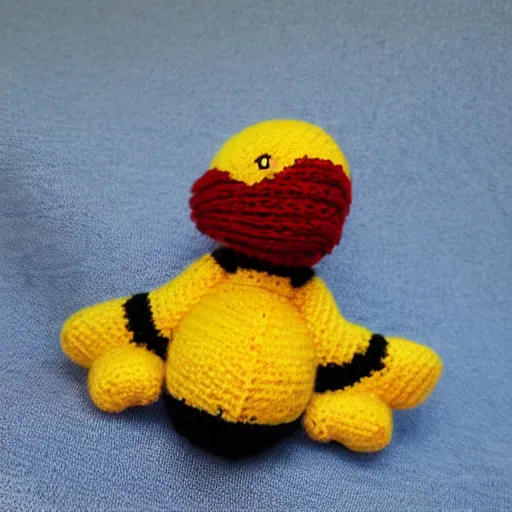 Prompt: knitted pikachu fighterjet flying through canyon at dusk